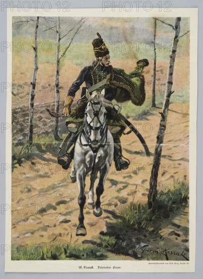 Watercolor reproduction: Wojciech Kossak 1856-1942, Polnischer Husar Hussar; painting, Polish painting, Kossak, Wojciech 1856-1942 - reproduction, soldiers, hussars, ca. 1900, graphic art, press illustration, reproduction of a work of art, A mounted soldier in a dark uniform with gold trim rides a white horse along a dirt path through a sparse birch grove, the soldier wearing a tall fur hat and a green overcoat draped over one shoulder, his face turned to the side and one gloved hand holding the reins while the other rests near his waist where a curved sword hangs; the horse has dark tack and a fur saddlecloth and is shown moving forward with visible hooves on the sandy, uneven ground; the scene includes slender birch trunks with pale bark, patches of green grass and darker undergrowth at the path edges, and a sky and distant background rendered in muted tones of gray, green, and soft peach.