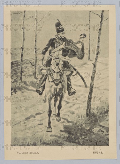 Watercolor reproduction: Wojciech Kossak 1856–1942, Hussar; painting reproduction by Richard Bong 1853–1935, graphic artist; Polish painting; hussars; ca. 1900; watercolor, graphics, press illustration., A monochrome illustration shows a mounted soldier riding a horse along a snowy or sandy path flanked by thin, leafless trees; the soldier wears a tall, plumed hat and a detailed military jacket with ornamental braiding and a sash, and he holds a small object up in one gloved hand while the other hand grips the reins; the horse is saddled and harnessed with visible tack and its legs are in mid-stride; the ground appears textured with patches of grass and uneven footprints or tracks; the scene is bordered by a pale mat with a narrow darker inner frame; visible colors include shades of beige, gray, black, and off-white.