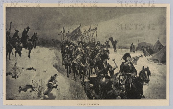 Reproduction of a painting: Wojciech Kossak 1856–1942, Armored Banner, 1903; painting, Polish painting; Kossak, Wojciech 1856–1942 — reproduction; horses, battles, soldiers; ca. 1910; press illustration; reproduction of a work of art, A grayscale scene showing a group of mounted soldiers and attendants riding through a snowy landscape, with a few riders in the foreground and a larger group carrying tall banners behind them; horses, riders wearing fur hats and cloaks, and some carrying drums or blowing a horn are visible, along with a few tents and figures in the distant background; the ground and trees are covered in snow, and the sky appears cloudy, with predominant tones of gray, black, and white.