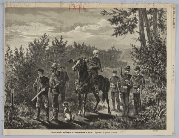 Placing hunters in positions in the forest; painting; engraving reproduction; Wojciech Kossak 1856–1942 drawing/author; Edward Gorazdowski 1843–1901 engraver; Polish painting and graphics; horses; hunting; hunters; 1876; Warsaw; press illustration., A black-and-white scene shows a wooded outdoor setting with trees and dense shrubbery under a cloudy sky. In the foreground a group of men in period clothing stand on a dirt path; some wear hats and coats and several hold long guns. One older man sits astride a dark horse and holds a horn, while a few men stand nearby in attentive poses. A dog with a white and dark coat sits on the ground near two men. The foliage and ground include various tones of gray and black, and the image border is framed by a lighter margin.