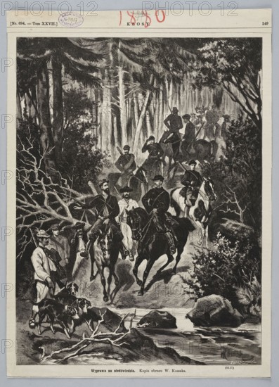 Reproduction of a painting: Wojciech Kossak 1856–1942, Expedition for the Bear Hunt; 1880; painting; engraving/drawing reproduction; Polish painting; artist: Wojciech Kossak; engraver: Edward Gorazdowski 1843–1901; subjects: hunting, horses, hunters; graphics; press illustration; reproduction of a work of art; Warsaw., A monochrome illustrative scene shows a forested setting with tall trees and dense foliage in the background and foreground, with a group of mounted riders and accompanying figures on foot moving along a wooded path by a stream; several horses are ridden by figures wearing hats and coats, and a few people on foot wear varied clothing and headwear while standing near a cluster of dogs; the foreground includes rocks, a fallen branch, and water with reflections, and the image palette is black, white, and shades of gray.