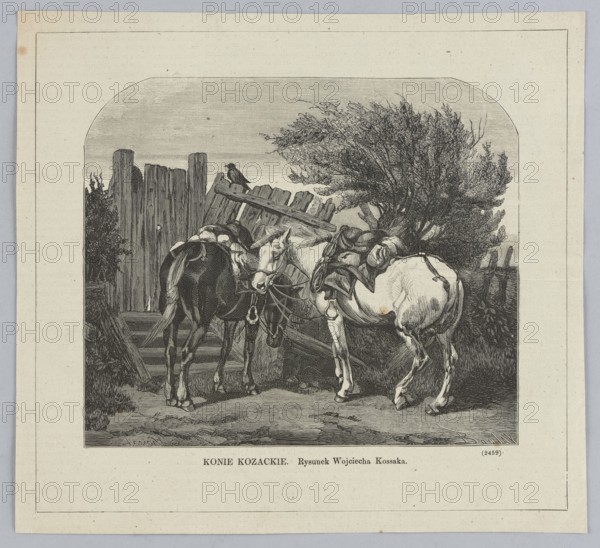 Cossack horses; painting and graphic reproduction by Wojciech Kossak 1856–1942, illustration engraved by Ernest Boulay fl. 1872–1875 for the magazine Klosy Warsaw, 1873; Polish painting/graphics; subject: horses; press illustration., A black and white engraved scene shows a group of horses standing in front of a wooden gate and a leaning broken fence, with a bird perched on the fence. Two saddled horses occupy the foreground, one darker and one lighter, both wearing bridles and saddles with straps hanging down. Behind them is a windswept tree with dense foliage and a patch of tall grass, and a section of rough ground in front with scattered stones and tufts. The image is framed by a lighter border and margin. Colors visible include black, white, and shades of gray.