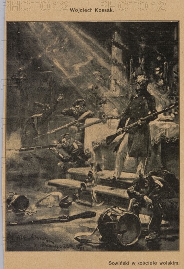 Reproduction of a painting: Wojciech Kossak 1856–1942, General Józef Sowinski in the Wola Church; 1906; painting; Polish painting; reproduction; soldiers; Sowinski, Józef 1777–1831 — iconography; Warsaw; press illustration., A sepia-toned illustration shows a group of uniformed men inside a dim, smoke-filled interior with beams of light cutting through the darkness; a standing figure in darker clothing holds a long rifle while several other men are crouched or kneeling on steps, also aiming rifles, and one man sits with his head bowed near scattered drums and fallen equipment on the floor; the scene includes fabric-draped surfaces, architectural columns or walls, and a palette of brown, black, beige, and muted gray tones.