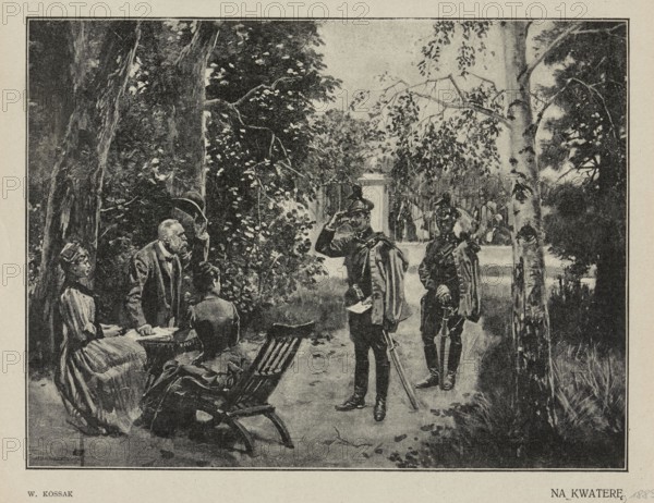 Reproduction of a painting: Wojciech Kossak 1856–1942, To the Quarters; 1903; painting; Polish painting; reproduction; soldiers; press illustration; press illustration reproduction; Warsaw., A grayscale illustration shows an outdoor scene with a group of people among trees and foliage; on the left a woman in a long dress sits beside a small round table while an older man leans forward from a chair and two seated figures face toward the center, one in a slatted garden chair; in the center two uniformed soldiers stand on a path, one tipping his hat and the other holding a sword, more uniformed figures are visible further back near a gate or fence; tall trees and dense leaves frame the scene with a lighter sky visible through branches and grassy undergrowth at the edges.