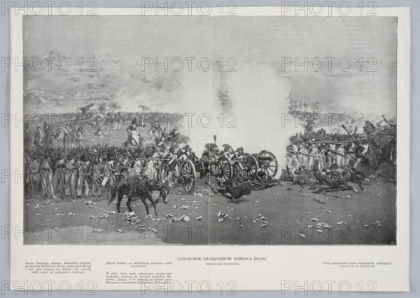 Reproduction of a painting: Wojciech Kossak 1856–1942, Fragment of the Battle of the Pyramids The quadrangle of grenadiers of General Desaix repels the attack of the Mamluks; painting, Polish painting, Kossak, Wojciech 1856–1942 - reproduction; horses, battles, soldiers, Battle of the Pyramids 1798; 1901; press illustration; reproduction of a work of art, A wide grayscale scene showing a large group of soldiers arranged in formations on both sides of the image, with several cannons and artillery in the center and smoke rising above them; a group of mounted figures and a few horses appear near the foreground, one horse standing and another on the ground; scattered debris lies across the ground; soldiers wear uniforms and carry long rifles or bayonets, and some figures are depicted falling or in dynamic poses; the background fades into mist and smoke with indistinct shapes of more troops and battlefield activity; visible colors in the image are shades of gray, black, and white.
