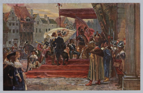 Wojciech Kossak 1856–1942, The Predatory Fief: The Prussian Homage, 1912; page from the Prussian Spirit portfolio, reproduction of a work of art after a painting; print 17.7 × 27.6 cm mounted on cardboard 29.0 × 39.7 cm; album/portfolio of reproductions; historical scene; Polish painting; publisher: Zaklady Graficzne B. Wierzbicki i S-ka Warsaw., A crowded outdoor scene shows a raised red platform with a canopy where a group of figures in historical dress are gathered. Several people wear dark blue, black, brown, and gold garments, including cloaks, capes, and fur-trimmed coats, while a few wear metallic armor with silver helmets. There are banners and large cloths in white and pink tones behind the central figures, and a seated person in darker clothing appears near the center of the platform. In front of the platform a red carpet or cloth covers steps leading down to a cobbled ground that is gray and brown. To the left, a group of onlookers in dresses and hats in shades of blue, whit...