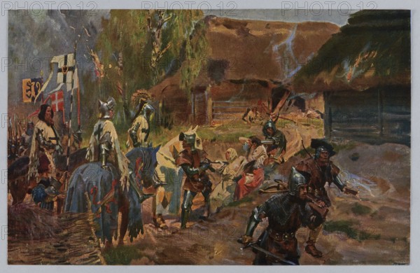 Wojciech Kossak 1856–1942, Hunting for people: The Teutonic apostolate; page from the Prussian Spirit portfolio, 1912. Illustration/print after a painting, reproduction of a work of art; portfolio of reproductions/album page; print: 17.5 × 27.6 cm; cardboard: 29.6 × 39.3 cm. Makers: Wojciech Kossak artist; Zaklady Graficzne B. Wierzbicki i S-ka printer/publisher. Subjects: historical scenes; Polish painting., The image shows a painted outdoor scene with a group of armored figures and horses near a cluster of thatched buildings. The colors include browns, greens, grays, blues, and touches of red and yellow. Several figures wear metallic helmets and armor in silvery and gray tones, and a few wear darker brown or black clothing and hats. A group of horses appears with blue and pale coats and decorative cloth in darker colors. In the background there are thatched roofs with areas of darker brown and some lighter smoke-gray brushstrokes rising near them. A few figures sit or recline on the ...
