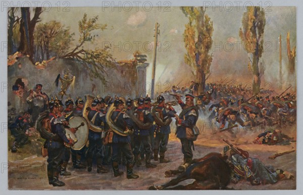 Wojciech Kossak 1856–1942, Poland Is Not Yet Lost: Gravelotte 1870; page from the Prussian Spirit portfolio; B. Wierzbicki i S-ka Graphic Works Warsaw; 1897–1944 co-creator; Tygodnik Ilustrowany Warsaw; magazine; 1859–1939 publisher; ; painting, historical scene, Polish painting; reproduction of a work of art; portfolio of reproductions, album, print; 1912; Warsaw; print: height 17.5 cm, width 27.5 cm; cardboard: height 29.2 cm, width 38.9 cm, A painted scene shows a group of uniformed soldiers gathered with musical instruments, including brass horns and a bass drum, standing on a dirt foreground near a fallen dark brown horse and a prone figure in a blue coat; a man in a similar uniform appears to be conducting or directing the musicians. To the right behind them, a larger group of soldiers is engaged in action with rifles, some leaning or fallen amid clouds of smoke. In the left background there is a broken wall with trees and foliage extending above it, and a few figures partially v...