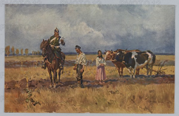 Wojciech Kossak 1856–1942, Down! Prussian Rugi; a page from the Prussian Spirit portfolio, 1912. Reproduction of Wojciech Kossak painting; print: 17.6 × 27.5 cm; mounted on cardboard: 28.9 × 38.6 cm. Polish painting, historical scene; album/portfolio of reproductions. Printed by Zaklady Graficzne B. Wierzbicki i S-ka Warsaw., A painted scene shows a wide open field under a mostly cloudy sky with shades of gray and blue; in the foreground a man in a green uniform and helmet sits on a brown horse holding a piece of paper, while a man in simple light-colored shirt and dark pants stands nearby looking down, and a woman in a light blouse and pink skirt with a headscarf stands beside two oxen that are harnessed to a wooden plow; the grasses and earth in the field are rendered in tones of brown, yellow, and ochre, with a distant line of trees in muted green and brown along the horizon.