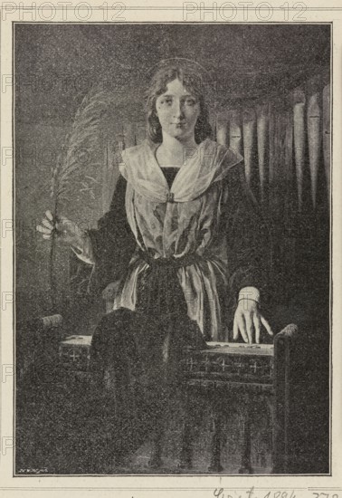 Reproduction of a painting: Stanislaw Bienkiewicz 1855–1930, Saint Cecilia; painting; Polish painting; Bienkiewicz, Stanislaw 1855–1930 — reproduction; saints; Saint Cecilia d. ca. 230; palm attribute; organs musical instruments; martyr's palms; martyrs; 1894; press illustration; reproduction of a work of art., A monochrome image of a young person standing behind a wooden structure, wearing a light-colored scarf or shawl over a darker garment, with medium-length hair and a neutral facial expression; one hand holds a long feathery plant while the other hand rests palm-down on the wooden surface, and there are vertical wooden slats or panels in the background with overall tones of black, gray, and off-white.