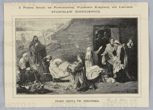 Reproduction of a painting: Stanislaw Bienkiewicz 1855–1930, Before the Grotto of St. Nicodemus; painting; reproduction; Polish painting; New Testament scenes: Entombment iconography, Lamentation; religious painting; 1904; press illustration., A grayscale illustration framed by a light border shows a group of people gathered around a reclining figure on a stretcher in a rocky outdoor setting. Several figures wear long flowing robes and head coverings, and one older figure with a long beard stands with arms raised. A few women kneel or lean close to the reclining figure, one appearing to hold fabric over the body. In the background, a dark doorway or cave opening contains shadowed silhouettes of additional figures. The scene includes rocky ground and a textured cliff face behind the group. Visible colors are shades of gray, black, and white.