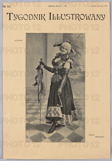 Reproduction of a painting: Aniela Biernacka 1858–1918, Studyum; painting; Polish painting; reproduction; women; female portrait; costumes; 1901; press illustration; reproduction of a work of art., A grayscale illustration of a standing woman wearing a long dark dress with a lighter patterned hem, long gloves, and a large bow at her neck, holding a tall staff with flowing ribbons in one hand and a small object in the other, posed on a checkered floor in front of a plain backdrop with some indistinct shapes, with the image centered on a beige page showing a wide margin around it; visible colors are beige and shades of gray and black.