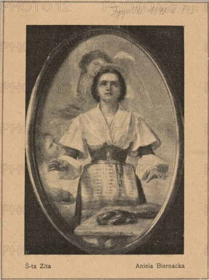 Reproduction of a painting: Aniela Biernacka 1858–1918, St. Zita; painting, Polish painting, reproduction, saints, Zita Saint — iconography, 1899, press illustration, reproduction of a work of art, A grayscale oval-framed portrait of a woman shown from mid-torso upward wearing a light-colored blouse with wide sleeves and a darker fitted waist garment; her hair is short and dark, and she looks upward with a neutral expression. Around her are lightly shaded cloud-like forms and the faint suggestion of another face behind and to the side of her head. At the lower foreground there is a flat surface with a rounded object resting on it. The image is bordered by a beige mat with a darker outer margin.