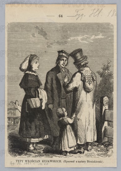 Types of Kujawy peasants; woodcut and drawing reproduction by Feliks Zablocki and Julian Biesiekierski, 1863; painting/graphics; folk types and folk costumes of Kujawy, children; Polish art; press illustration., A black and white engraved scene shows a group of people standing outdoors on a patch of ground with grass and a few plants. A woman wearing a bonnet and a dark dress with a light collar stands at one side holding a basket and a cloth. A man in a dark coat and cap faces forward with a neutral expression. Another figure wearing a long light-colored coat and a tall hat stands with their back partially turned, showing decorative detailing on the coat. A small child in a light dress clings to the coat of the tall-hatted figure. In the background there are a few low buildings and a small leafy shrub. The image is rendered in monochrome tones of black, white, and grey.