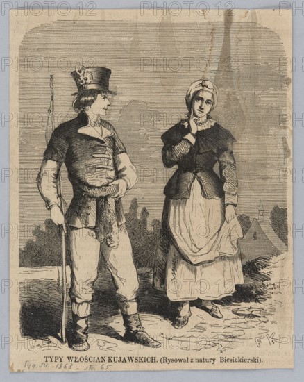 Types of Kujawy peasants; 1863, plate from Tygodnik Ilustrowany 14 February 1863, no. 177, drawing by Julian Biesiekierski 1839–1910, woodcut reproduction; Polish painting/graphics; press illustration depicting folk costumes and rural types of Kujawy., A black-and-white illustration showing a man and a woman standing outdoors on a textured ground with a distant silhouette of trees and a building; the man on the left wears a tall hat with a decorative element, a fitted jacket with visible fastenings, trousers tucked into boots, and holds a long staff, while the woman on the right wears a head covering, a dark bodice with a lighter skirt and apron, and has one hand near her chin and the other holding her skirt; the scene is rendered in pen-and-ink lines and hatching on an aged, slightly stained paper background with tones of black, gray, beige, and off-white.