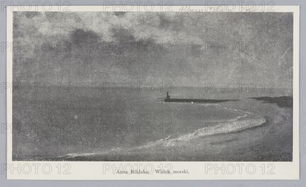 Reproduction of a painting: Anna Bilinska-Bohdanowicz 1857–1893, Sea View, 1890; painting; Polish painting; sea coasts, seascapes, beaches, landscapes; book illustration; reproduction of a work of art., A grayscale scene showing a coastline with a calm sea meeting a curved shoreline, a low breakwater or jetty extending into the water with a small vertical structure at its end, gentle waves creating lighter textured foam along the shore, a distant low headland or rocky outcrop on the right, an expansive cloudy sky above, and a pale border surrounding the image.