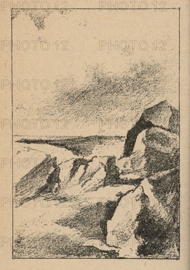 Reproductions of drawings: Anna Bilinska-Bohdanowicz 1857–1893, Sketches from maritime studies; reproduction, painting, Polish painting, seashores, seascapes, landscapes, 1893, press illustration, reproduction of a work of art, The image shows a textured, grainy scene rendered in black dots and lines on a tan background, with a rectangular border framing the composition; there is a large expanse of sky in the upper area filled with scattered black speckles, and below that a horizontal dark line suggesting a distant horizon; the lower portion contains a cluster of irregular dark shapes and lighter areas that resemble rocky formations or uneven ground, with contrasts of dense black stippling and more open tan space throughout the scene.