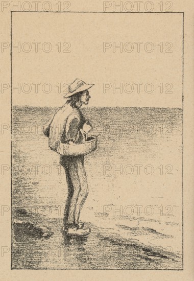 Reproductions of drawings: Anna Bilinska-Bohdanowicz 1854–1893, Sketches from maritime studies; seashores, seascapes, landscapes; reproduction of a work of art; painting; Polish painting; press illustration; 1893; sketch/reproduction., A monochrome sketch on a beige background showing a person standing at the edge of a body of water, facing to the right, wearing a brimmed hat and loose clothing with a round flotation ring around their waist; the shoreline and calm water extend horizontally behind them and the figure casts a faint reflection on the wet sand, with darker shaded areas indicating texture in the water and on the shore.