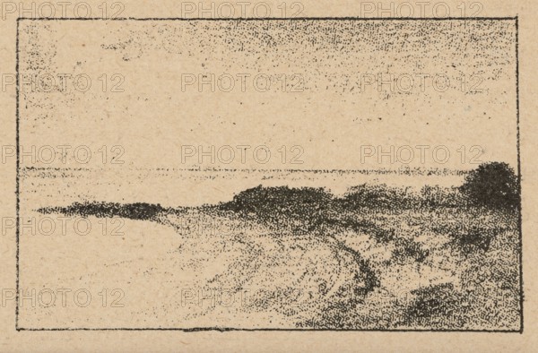 Reproductions of drawings: Anna Bilinska-Bohdanowicz 1857–1893, Sketches from maritime studies; seashores, seascapes, landscapes; painting; reproduction of a work of art; press illustration; 1893; Warsaw., The image shows a grainy, textured scene in beige and black where a rectangular border encloses a landscape-like composition; inside the border, black dotted and stippled marks form irregular horizontal shapes suggesting a darker band near the middle and a curved darker area toward the right edge, with a dense dark cluster near the right border and sparser black speckling across the upper and lower areas, all set against a beige paper background.