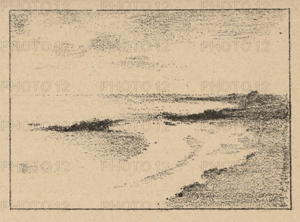 Reproductions of drawings: Anna Bilinska-Bohdanowicz 1857–1893, Sketches from maritime studies; seashores, seascapes, landscapes; 1893; painting; press illustration; reproduction of a work of art; Polish painting; reproduction; seascapes., A grainy beige background fills the image with a rectangular black border near the edges; within it a dotted black ink landscape suggests a shoreline with scattered dark textured patches along a pale expanse and a larger dark textured area toward the right edge, with softer speckled black marks higher up that resemble faint clouds. The visible colors are beige and black.