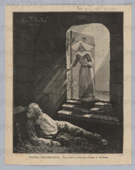 Sister of Mercy; 1882; painting by Anna Bilinska-Bohdanowiczowa Anna Bilinska, 1854–1893 reproduced as an illustration; woodcut by Michal Kluczewski fl. 1869–1890; subject: Daughters of Charity / Sisters of Charity nuns and prisoners in prisons; Polish painting; graphics; press illustration., A dark interior space framed by stone walls and an arched doorway, with rays of light streaming in through the open door; a woman wearing a light-colored headdress and a long dress stands in the doorway holding the door, her clothing and face illuminated by the incoming light; a bearded man in simple, dark clothing lies on the floor inside, his head propped somewhat upward and his hands near his body, with a chain visible beside him; stone steps lead up to the doorway and patches of light fall across them; overall tones are black, gray, and off-white with contrasts between deep shadow and bright highlights.