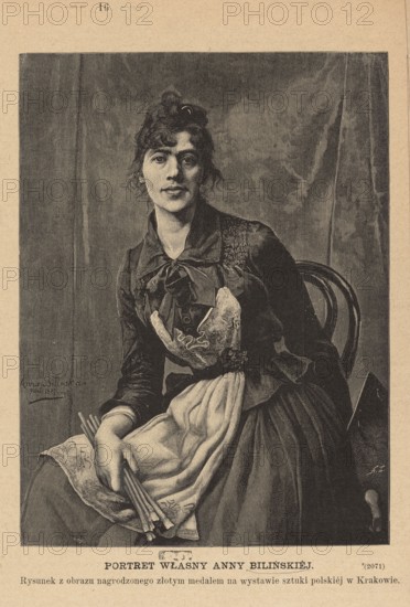 Reproduction of a painting: Anna Bilinska-Bohdanowicz 1857–1893, Self-portrait; woodcut reproduction by Andrzej Zajkowski 1851–1914; painting; Polish painting; reproduction of a work of art; self-portrait; female painter; portrait of a woman; portrait of a female artist; painting implements; graphics; 1888; Warsaw., A seated woman with dark hair styled up and loose curls around her face wears a dark dress with a bow at the collar and a light apron draped over her lap; she sits on a curved wooden chair and holds a bundle of thin sticks or brushes, while a folded cloth rests on her knee. The background is a textured drapery. Visible colors include shades of black, dark gray, light gray, and beige.