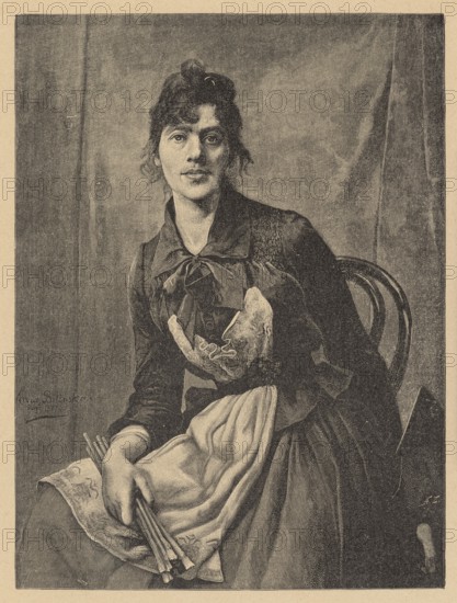 Reproduction of a painting: Anna Bilinska-Bohdanowicz 1857–1893, Self-portrait; painting; Polish painting; reproduction of a work of art; portraits, self-portraits, portraits of women, portraits of female artists; female painter; 1893; painting implements; graphics; Warsaw., A monochrome portrait shows a seated woman wearing a dark dress with a large bow at the neckline and a light-colored apron-like cloth draped across her lap; she holds a few thin sticks or brushes in one hand and a folded light fabric or handkerchief in the other. Her hair is dark and pulled up with loose curls framing her face, and her expression is neutral. Behind her is a plain backdrop with subtle drapery and a curved chair back partially visible. Visible colors are shades of black, gray, and beige.