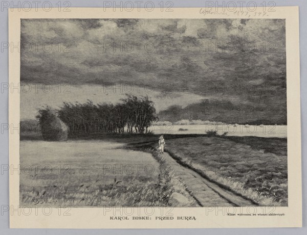 Reproduction of a painting: Karol Biske 1863–1928, Before the Storm; painting, Polish painting, reproduction, landscape showing meadows during a storm, 1897, press illustration., A grayscale landscape showing a wide field under a dramatic sky with heavy clouds, a group of tall thin trees near the center-left, and a lone figure wearing light-colored clothing standing on a narrow dirt path that curves through the fields; darker textured plowed land appears on the right while lighter grassy land is on the left, and there is a distant low horizon with faint shapes beyond the trees.