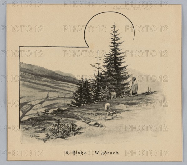 Reproduction of a painting: Karol Biske 1863–1928, In the Mountains; painting, Polish painting, reproduction, mountain landscapes, mountains, 1899; painting dimensions: height 22.6 cm, width 25.2 cm., A monochrome scene in shades of black, gray, and beige shows a mountainside with a group of tall evergreen trees near the center and a few smaller saplings around them; a person wearing a long cloak stands near the trees on the right side while a few sheep graze nearby on the grassy, rocky ground; the left background features layered mountain slopes that recede into the distance, and the image is framed by a simple rectangular border with a circular cutout above the trees.