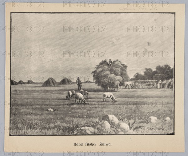 Reproduction of a painting: Karol Biske 1863–1928, Harvest; painting, Polish painting, sheep, landscapes, peasant carts, hay carts, work in the countryside, summer, field work, village, harvest, 1898, press illustration, reproduction of a work of art, The image shows a wide open field scene with tones of gray, black, and white; a group of animals grazing in the midground near a standing figure wearing a hat; a large piled stack of hay with a person sitting atop it and another nearby; a wagon and a few figures beside it toward the right edge; several rounded haystacks in the distant background and a line of darker trees along the horizon; foreground grasses and scattered rocks or clumps of vegetation; a light sky with subtle streaking above.