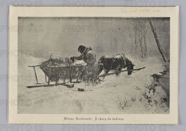 Reproduction of a painting: Alfons Borkowski 1850–1918, From the Ill Woman to the Doctor; 1899; painting; Polish painting; reproduction; oil on panel? material not specified; subject: peasant carts/horse-drawn carriages in winter; press illustration; reproduction of a work of art., A grayscale scene shows a snowy outdoor setting with a group of figures around a wooden sled; a person wearing heavy clothing stands next to the sled, leaning over its load, and a horse harnessed to the sled stands nearby with its head lowered. The sled appears filled with bundled material and has visible wooden slats and supports. In the background there are bare trees and a snow-covered landscape, with patches of darker ground and sparse vegetation visible near the foreground edge. The visible colors are shades of gray, black, and white.