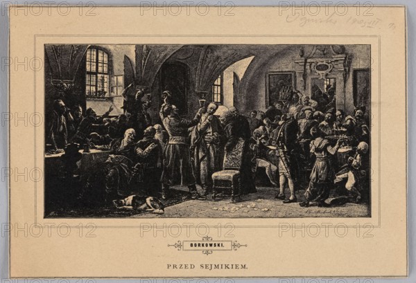 Reproduction of a painting: Alfons Borkowski 1850-1918, Before the sejmik; 1905, painting, Polish painting, nobility, Borkowski, Alfons 1850-1918 - reproduction, noblemen, feasts, press illustration, reproduction of a work of art, A sepia-toned illustration bordered by a wider beige margin shows an interior scene with high vaulted ceilings and arched windows; a group of people in period clothing are gathered around the room engaging in various animated postures and gestures, with some standing, some seated on ornate chairs, and a few leaning toward one another; servants carry trays and a child appears among the figures; architectural details include carved columns and a decorative fireplace or mantel; a small dog lies on the floor in the foreground; visible colors are beige, black, brown, and sepia.