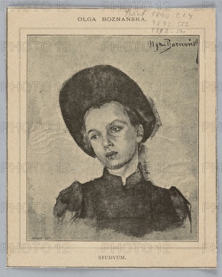 Reproduction of a painting: Olga Boznanska 1865–1940, Studyum; painting; Polish painting; reproduction; women’s portrait of a girl/young woman; 1890; illustration; reproduction of a work of art; height 12.0 mm, width 10.0 mm; sheet: height 15.2 mm, width 12.2 mm., A grayscale portrait of a woman wearing a dark, wide-brimmed hat and a dark high-collared garment, shown from the shoulders up and turned slightly to one side; her expression is neutral and her eyes look downward; the background is a textured light gray, and the portrait is framed by a light beige mat with a narrow dark inner border.