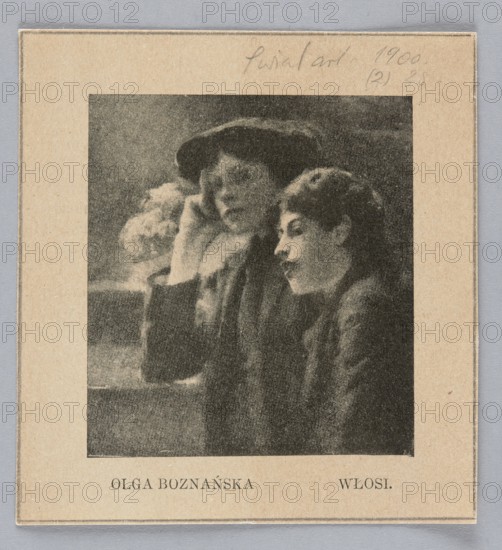 Reproduction of a painting: Olga Boznanska 1865–1940, Italians; painting, Polish painting, Boznanska, Olga 1865–1940 - reproduction, double portraits, women, portraits, 1900; press illustration; reproduction of a work of art; illustration: height 7.7 mm, width 7.0 mm, sheet: height 10.6 mm, width 10.0 mm, A grayscale printed image mounted on beige paper showing a portrait of two women leaning close together, one wearing a dark hat and the other with short hair; their faces and upper bodies are visible with soft shading and grainy texture, creating a blurred, vintage appearance. Visible colors include beige, gray, black, and off-white.