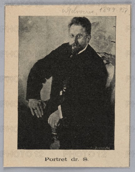 Reproduction of a painting: Olga Boznanska 1865–1940, Portrait of Dr. S., 1899; painting; Polish painting; reproduction; male portrait; seated figure; press illustration; illustration height 8.9 mm, width 6.5 mm, sheet height 10.8 mm, width 8.4 mm., A portrait of a seated man with a beard and mustache wearing a dark suit and light collar, posed with one arm resting on an armrest and the other hand on his knee; the image is monochrome with shades of black, gray, and beige, framed by a beige border and set against a textured gray background.