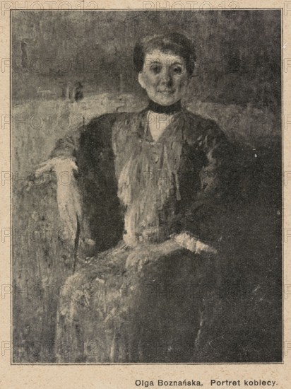 Reproductions of paintings: Olga Boznanska 1865–1940, Portrait of Count P., Portrait of a Woman; painting, Polish painting, Boznanska, Olga 1865–1940 - reproduction, male portraits, male portraits en face, female portraits, portraits in an armchair, portraits, 1914, press illustration, reproduction of a work of art, illustration: height 11.5 mm, width 8.7 mm, illustration: height 11.5 cm, width 8.9 cm, sheet: height 30.3 mm, width 21.0 mm, A portrait of a seated woman rendered in muted tones of black, gray, and beige, showing her upper body and hands; she wears a dark high collar and a textured dress with lighter gray and beige brushstrokes, and her short hair appears dark; she sits against a darker gray background with subtle variations, one arm resting on an armrest and the other positioned on her lap, with the image framed by a narrow border and a beige outer margin.
