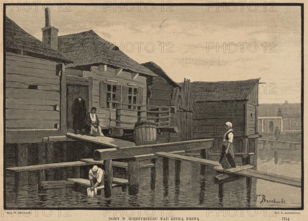 Houses in Miedzyrzecz on the Krzna River; 1887; woodcut after a drawing by Walery Brochocki 1847–1923, woodcut artist Stanislaw Antoszewicz fl. 1873–1887; illustration for the magazine Klosy; painting; Polish painting; wooden architecture; views of towns and rivers; Miedzyrzec Podlaski Lublin Voivodeship; graphics; press illustration., An aged waterfront scene rendered in muted sepia tones shows wooden stilted buildings with thatched and shingled roofs and visible wood grain. A rough plank walkway and wooden posts extend over calm reflective water. On the walkway a woman wearing a headscarf and dark skirt stands facing toward the left. Nearby a person crouches at the water’s edge washing cloth, sleeves rolled up and head uncovered. On a higher platform two figures sit and stand by a doorway beside a barrel and a fenced railing; one appears seated in a light dress while the other stands in darker clothing. The structures display beams, shutters, and a chimney, and the water reflects the...
