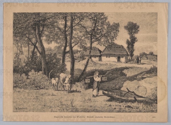 A rural farm in Podolia; painting by Walery Brochocki 1847–1923, 1885; reproduction/graphic press illustration; subjects: cows, village views, cottages, rural women; Polish painting; illustration., The image shows a rural scene in muted beige and dark brown tones, featuring a group of tall trees with leafy canopies near the center and left, a few cows standing on grassy ground beneath the trees, and a person carrying two buckets on a shoulder yoke walking beside a shallow stream with fallen branches nearby; in the middle distance there are several thatched-roof cottages and a small group of people near a fence, and the foreground contains grassy and brushy terrain with scattered plants and a large rounded rock.