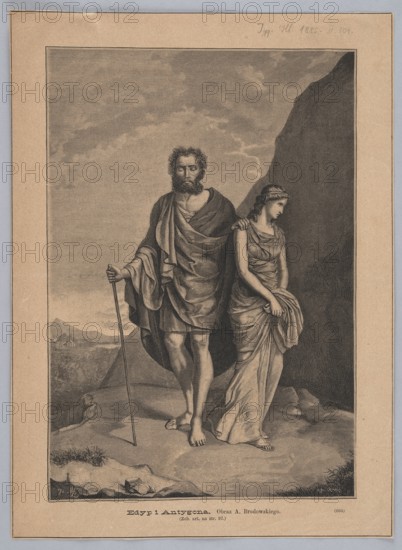 Reproduction of a painting: Antoni Brodowski 1784–1832, Oedipus and Antigone; painting; reproduction of a work of art; graphics; mythological scenes; Oedipus; Antigone; fathers; daughters; blind men; illustrations to literary works; Polish painting; 1885; woodcut artist: P. Buczkowski; illustrator: M.L.; publisher: Tygodnik Ilustrowany; press illustration; Warsaw., A grayscale illustration shows a bearded man and a young woman standing on rocky ground with a distant landscape and cloudy sky behind them; the man wears draped cloth over his shoulders and holds a staff while standing barefoot, and the woman stands close to him with one hand resting on his arm and the other holding folds of her draped gown, her head slightly bowed; a steep dark rock face rises behind them to the right, and patches of grass and small stones appear on the foreground rocks.