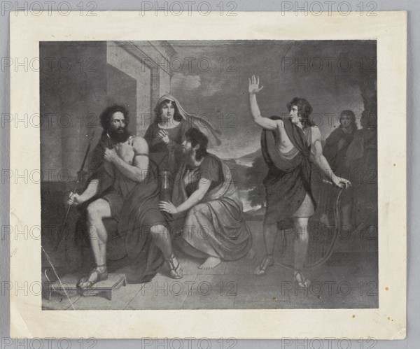 Reproduction of a painting: Antoni Brodowski 1784–1832, Saul's Wrath on David; painting; Polish painting; biblical/Old Testament scene depicting Saul throwing a spear at David; attributes include lyre; early 20th century reproduction., The image shows a monochrome illustration of a group of people in classical-style clothing arranged in a scene that appears indoors with an architectural opening to an outdoor view; the visible colors are shades of grayscale including black, white, and various grays. A seated bearded man wearing draped fabric and sandals holds a staff, while a woman with a veil stands behind him with her hands near her chest. Another seated figure in draped clothing reaches toward the bearded man while holding a vessel, and a standing figure with one arm raised and the other holding a looped object faces them. In the background a couple of additional standing figures are partially visible, and the scene rests on a tiled floor with a simple backdrop of sky and distant lan...