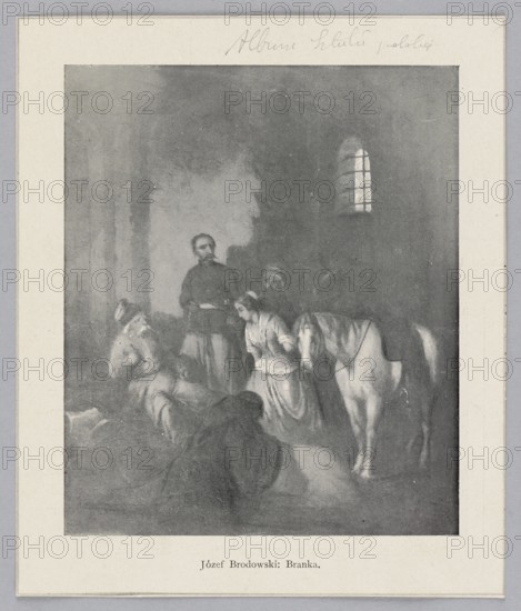 Reproduction of a painting: Józef Brodowski 1828–1900, Branka; painting; Polish painting; horses; women; reproduction of a work of art; illustration; album illustration; 1901; Warsaw; reproduction., A grayscale image showing a dim interior scene with a few people and a horse; a standing man wearing dark clothing looks forward while a woman in lighter clothing stands beside the horse holding its reins, another seated person in lighter dress reclines nearby, and a cloaked figure sits in the foreground; the background shows a shadowed wall with an arched window letting in a small amount of light and an arched doorway, with tones of black, gray, and white throughout.
