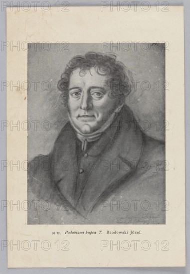 Reproduction of a drawing: Józef Brodowski 1772–1853, Portrait of the Merchant T., 1832, painting, Polish painting, male portrait en face, Brodowski, Józef 1772–1853 - reproduction, portrait, early 20th century, Poland, illustration, reproduction of a work of art, A grayscale portrait drawing of a middle-aged person with curly hair, visible ears, and a neutral expression, shown from the chest up and facing forward; they wear a dark coat with a high collar and a buttoned garment underneath, and the shading emphasizes facial contours and hair texture. The portrait sits on a light-colored sheet with a wider light border around the darker drawn area, and there are subtle marks and smudges on the paper. The visible colors are shades of gray, black, and off-white.