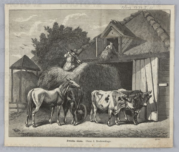 Reproduction of a painting: Józef Brodowski 1828–1900, Hay Cart, 1874; painting; Polish painting; reproduction; graphic art; press illustration; subject: horses, oxen, yoked oxen, villages., A grayscale rural scene shows a group of animals and people around a large stack of hay in front of a thatched building. A horse and a foal stand beside a wooden-wheeled cart partially hidden by the hay, and a pair of oxen yoked together stand near a wide open wooden door. Two figures work with the hay: one person stands atop the stack using a pitchfork while another leans from a small hayloft opening above. A few birds fly in the sky above a backdrop of trees and distant structures with pitched roofs. The image is rendered in shades of black, white, and gray with detailed crosshatching and line work.