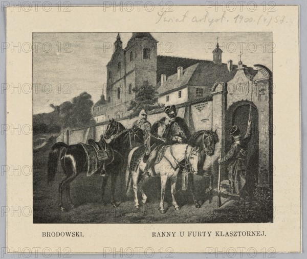 Reproduction of a painting: Józef Brodowski 1828–1900, Wounded at the Monastery Gate; painting, Polish painting, monasteries, churches, horses iconography, monastery gates, 1900, press illustration, reproduction of a work of art, A monochrome print showing a group of mounted men beside a stone gateway and wall in front of a large building with towers and pitched roofs; the scene includes several horses with saddles, riders in period clothing and hats, one figure standing at the gateway holding a long staff, another figure seated or crouched near the base of the gate, and some trees and cloudy sky in the background, with visible tones of black, white, and shades of gray.