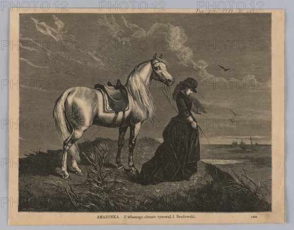 Amazon; woodcut reproduction after a painting by Józef Brodowski 1828–1900; woodcutter: L. Niemczynski; workshop: Bronislaw Puc Artistic-Woodcut Workshop, Warsaw, fl. ca. 1878–ca. 1885; 1884; subjects: Amazon woman warrior, horses, landscape; themes: sadness; medium: graphic art, press illustration, reproduction of a work of art., A monochrome engraving shows a woman standing near the edge of a shoreline holding reins attached to a saddled horse beside her; the horse is light colored with a darker saddle and long mane, and the woman wears a long dark dress and a hat with a brim tilted forward, her head bowed; the foreground includes grassy clumps and low vegetation on a sloping ground, while the background features a cloudy sky with horizontal line shading and a few birds flying above the water, where distant small ships or masts are faintly visible; the image is framed by a pale border.