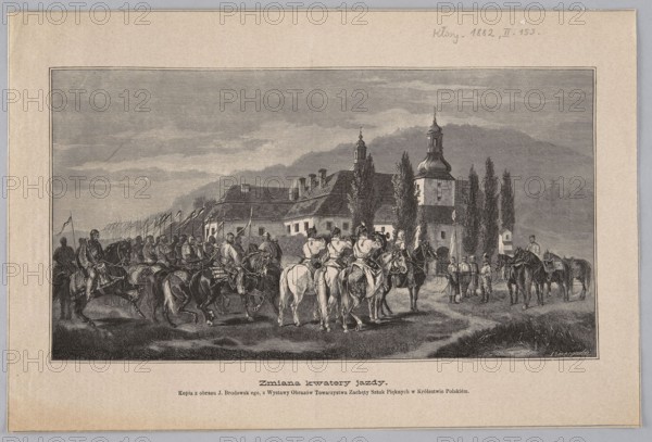 Reproduction of a painting: Brodowski, Józef 1828-1900, Change of cavalry quarters; woodcut by Gorazdowski, Edward 1843-1901; painting; Polish painting; reproduction; illustration; army; horses; cavalry military formations; 1882; graphics; press illustration; reproduction of a work of art., A detailed monochrome scene printed on pale beige paper shows a group of mounted soldiers gathered on a dirt path in front of a compound of buildings with steep roofs and a tower topped by a bulbous cupola; several tall, narrow trees rise beside the tower and along the buildings. The cavalry figures wear similar uniforms and helmets and sit astride a mix of light and dark horses, some facing the viewer and others turned toward the buildings, while a few standing figures and attendants cluster near a gateway. The background contains layered hills or mountains under a cloudy sky, and the foreground shows textured ground and patches of grass. The overall image is rendered in black and shades of gray on...