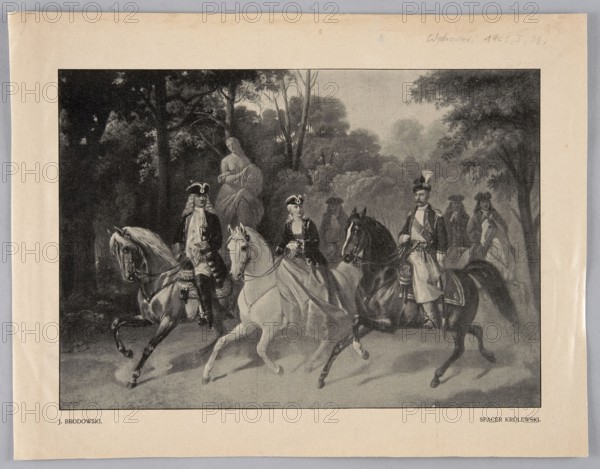 Reproduction of a painting: Józef Brodowski 1828–1900, The Royal Walk; painting, Polish painting, Brodowski, Józef 1828–1900 - reproduction, horse rides genre scenes, horses iconography, women, 1905, press illustration, reproduction of a work of art, A grayscale printed image framed by a light beige border shows a wooded scene with a group of people on horseback in the foreground. A few riders wear ornate historical clothing and tricorne hats, and one rider appears in a uniform with a feathered hat. The horses include lighter-colored and darker-colored animals, shown in mid-stride with visible tack and saddles. Behind the riders, a large sculpted statue of a seated figure is partially visible among dense trees and foliage. The background contains tall trees and layered shrubbery creating a forested depth. The overall palette is monochrome with shades of gray, black, and off-white, and the frame around the image is a pale beige.