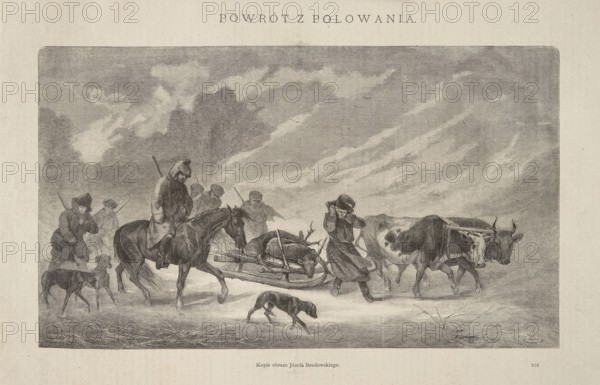 Reproduction of a painting: Józef Brodowski 1828–1900, Return from the Hunt; woodcut reproduction by Edward Gorazdowski 1843–1901; painting; Polish painting; subjects: hunters, hunting dogs, oxen in yoke/harness; iconography: hunting; graphics, art reproduction, press illustration; 1874., A monochrome engraving showing a winter scene with a group of people, animals, and a sled. Several figures wear heavy coats and hats and one sits on a horse while others walk beside the sled. A sled in the center carries a large animal, and a person walks near the sled pulling or guiding it. There are a few dogs on the ground near the people. Two oxen or cows are yoked together at the right and appear to be pulling part of the load. The sky is filled with sweeping cloud formations, and the ground appears snowy or frosty. Visible tones are shades of gray, black, and off-white.