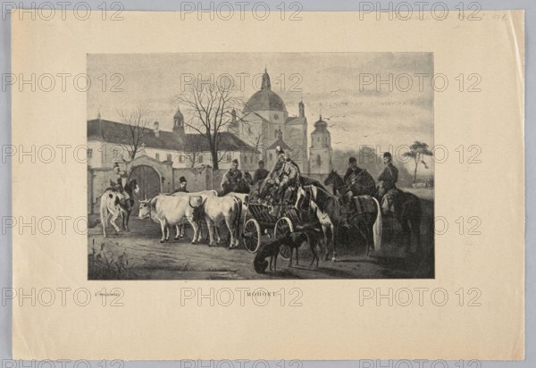 Reproduction of a painting: Józef Brodowski 1828–1900, Mohort; painting, Polish painting, reproduction of a work of art; subjects: churches, monasteries, horses, domestic cattle, dogs; related figure: Wincenty Pol 1807–1872; 1906; press illustration., A grayscale scene shows a group of people, animals, and a cart in front of a building complex with domes and towers; a group of oxen stands near the cart while a few mounted riders and a person seated on the cart are visible, and a couple of dogs are near the wheels; leafless trees rise behind a low wall and gateway, and birds fly in the sky above the domed structures; the palette consists of shades of gray, black, and off-white.