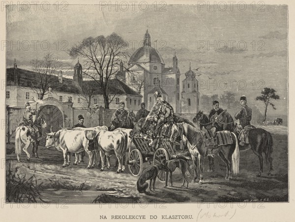 Reproduction of a painting: Józef Brodowski 1828–1900, On a retreat to the monastery; painted 1900. Graphic art reproduction/press illustration after a Polish painting by Brodowski. Depicts churches, monasteries, domestic cattle, horses, dogs. Woodcut by Bronislaw Puc fl. ca. 1878–ca. 1885. Includes illustration of Pol, Wincenty 1807–1872., A grayscale illustration shows a group of people, animals, and a cart in front of a large building with domes and towers; several leafless trees rise behind a low wall and a gate, and a few birds are visible in the sky. In the foreground there is a wooden cart loaded with belongings and covered by fabric, hitched to oxen and accompanied by a few horses standing nearby; two dogs are close to the cart. Several figures in period clothing are gathered around the animals and cart, some mounted on horses and others standing, with varied headgear and cloaks. The scene includes a paved or muddy ground with puddles and grass clumps, and distant small trees a...